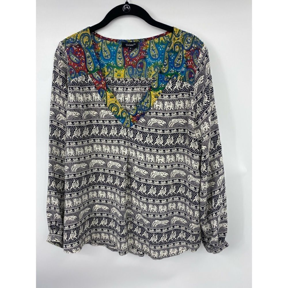 Tolani Silk Boho Tribal Paisley V-neck Blouse‎